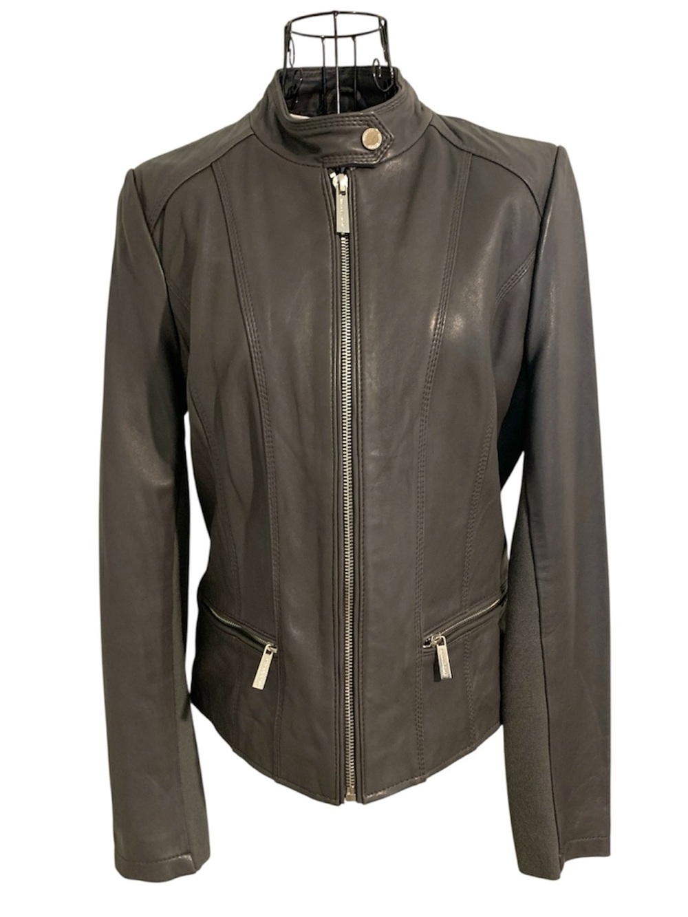 Michael Kors Leather Moto Jacket | Gray | Medium | Stretch Panels